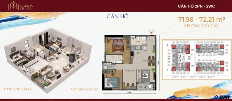 Công năng thiết kế căn hộ 2PN - 2WC