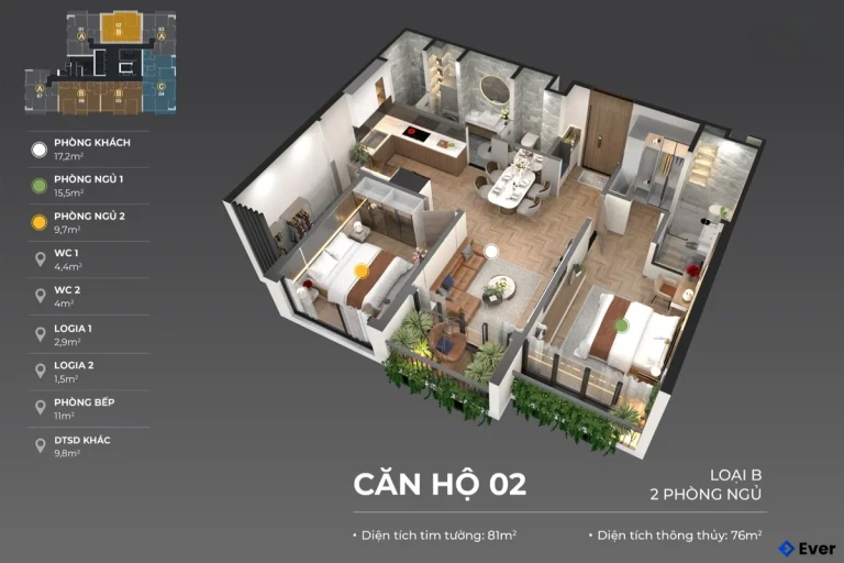 Mặt bằng căn hộ loại B - 2PN