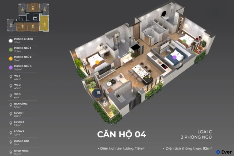 Mặt bằng căn hộ loại C - 3PN