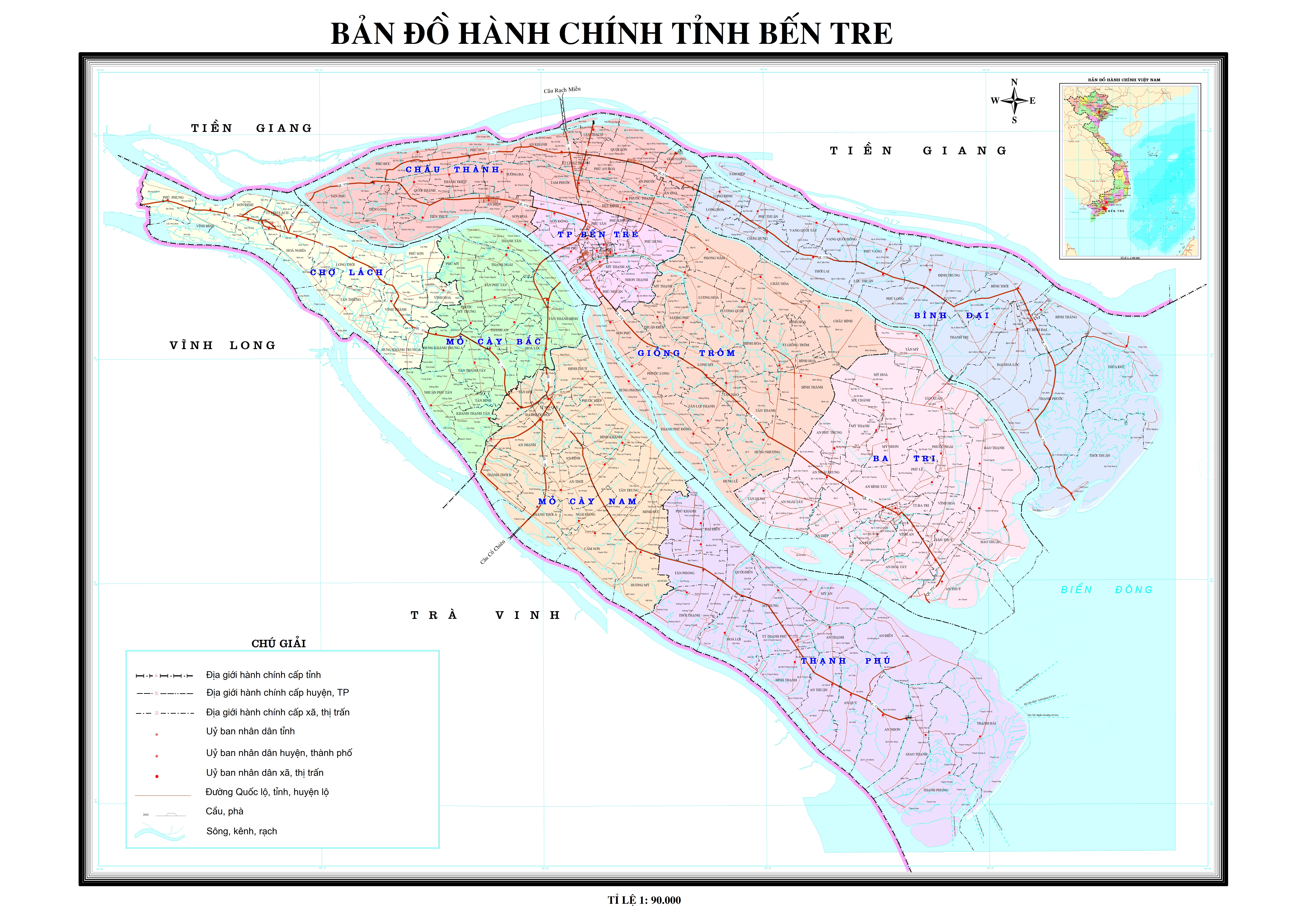 Bản đồ hành chính tỉnh Bến Tre trước sáp nhập