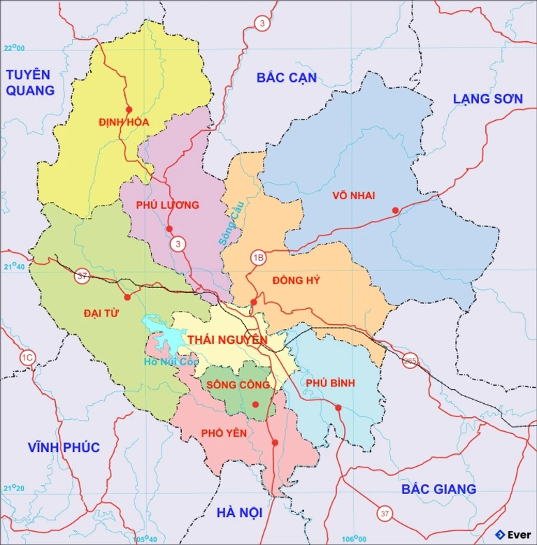 Bản đồ đơn vị hành chính Tỉnh Thái Nguyên