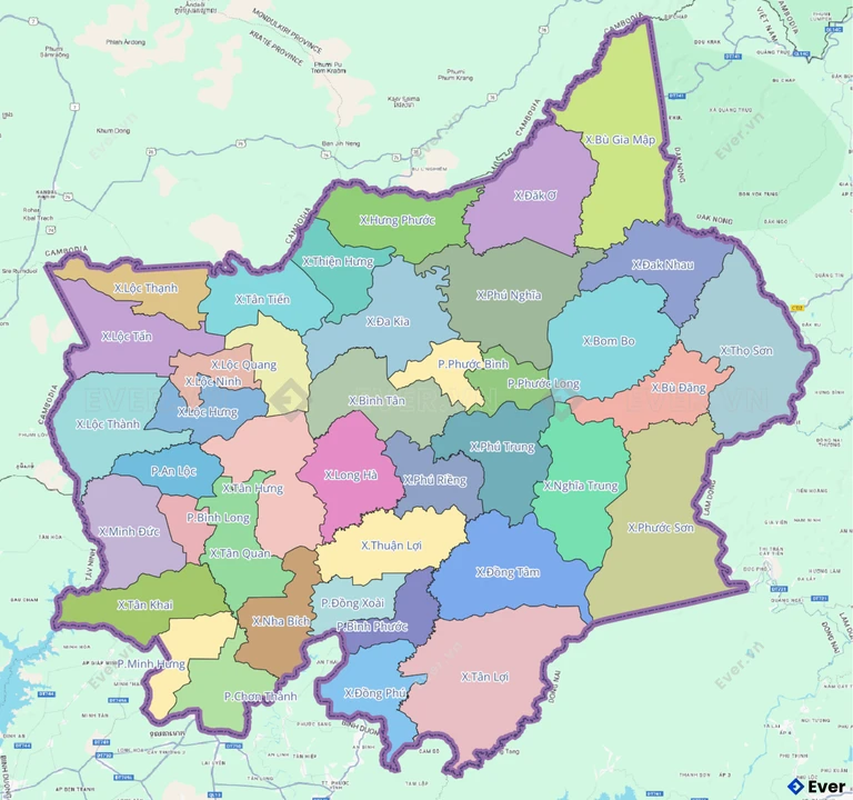 Bản đồ hành chính các xã, phường sau sáp nhập của Bình Phước (cũ)