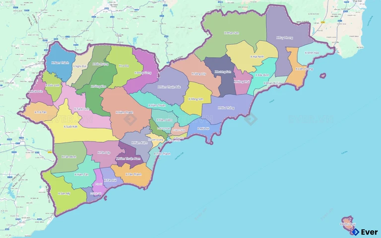 Bản đồ hành chính các xã, phường sau sáp nhập của Bình Thuận (cũ)