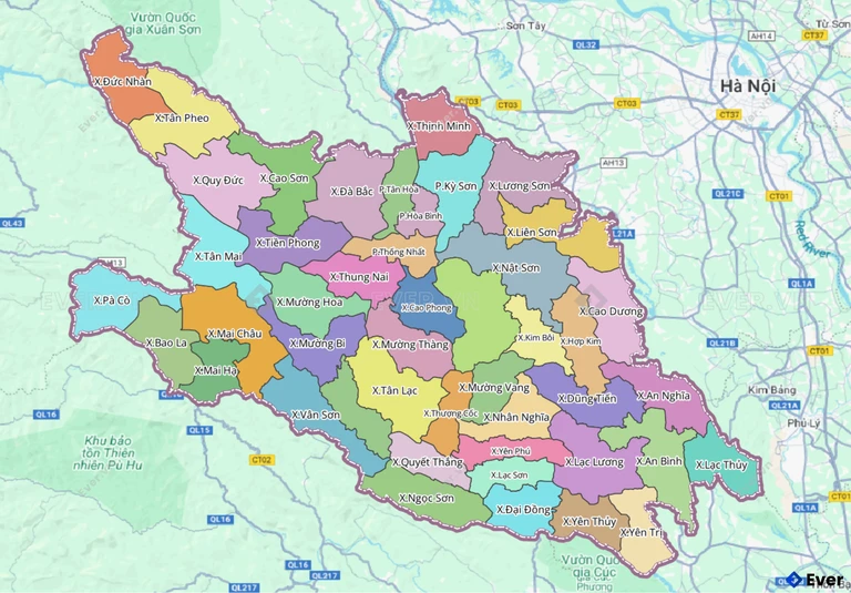 Bản đồ hành chính các xã, phường sau sáp nhập của Hòa Bình (cũ)