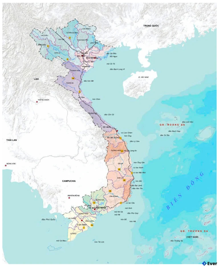 Bản đồ Việt Nam sau sáp nhập (Nguồn: Nhà xuất bản Tài nguyên - Môi trường và Bản đồ Việt Nam)