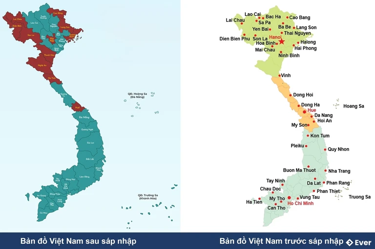 Bản đồ Việt Nam trước và sau sáp nhập