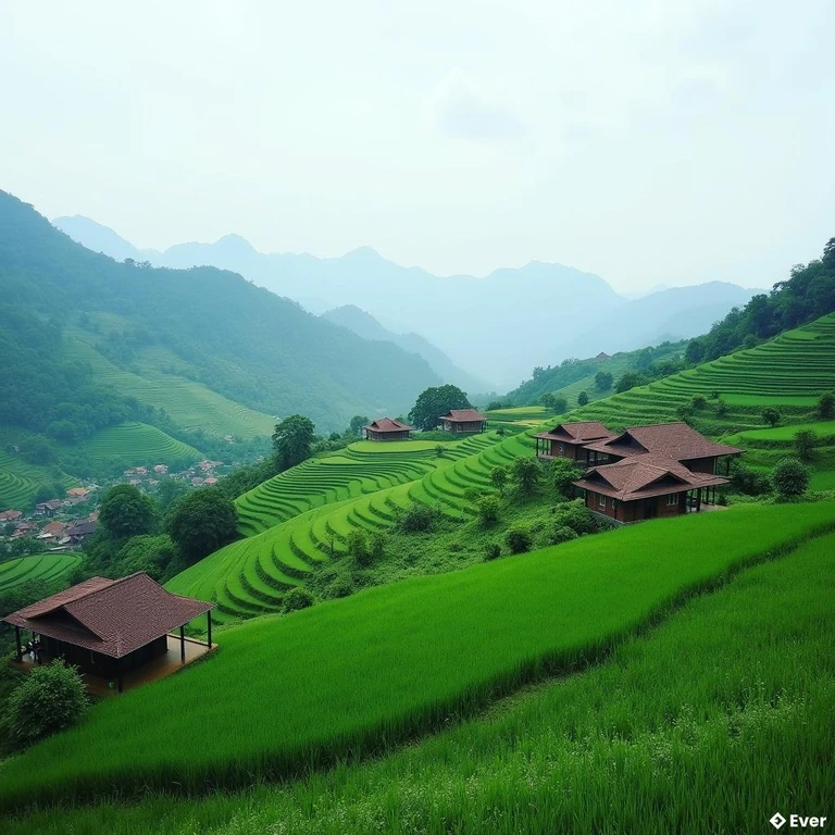 Cảnh quan đồi núi và thung lũng yên bình tại xã Tân Trịnh