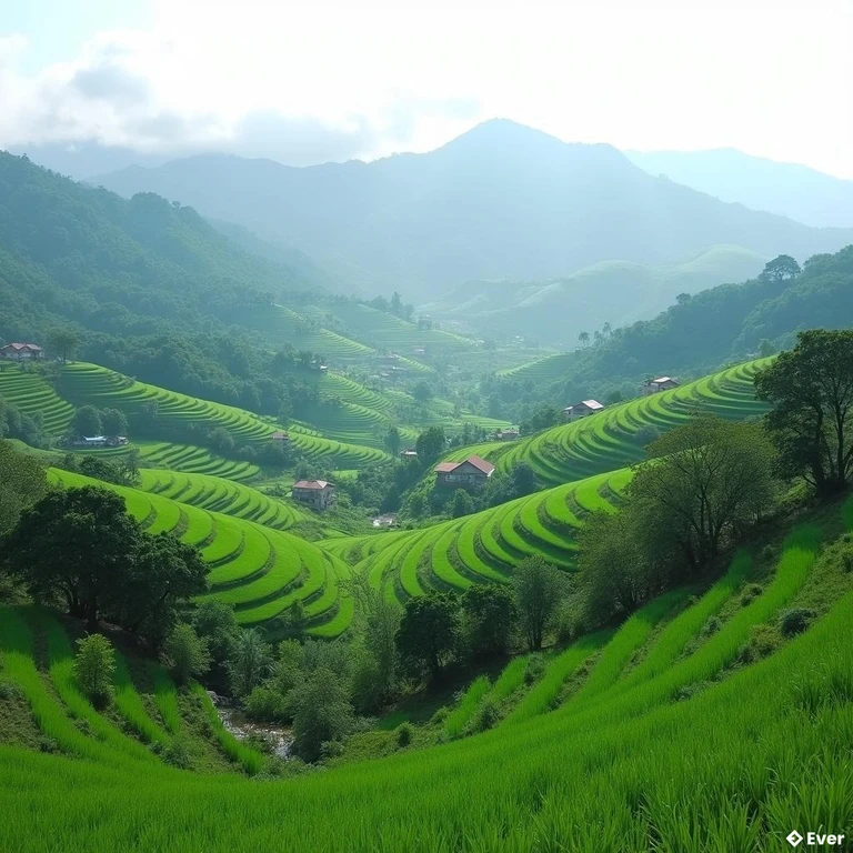 Cảnh quan yên bình với đồi núi và ruộng bậc thang tại xã Sơn Vĩ