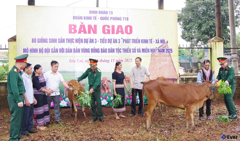 Lãnh đạo đơn vị và địa phương trao bò giống cho người dân