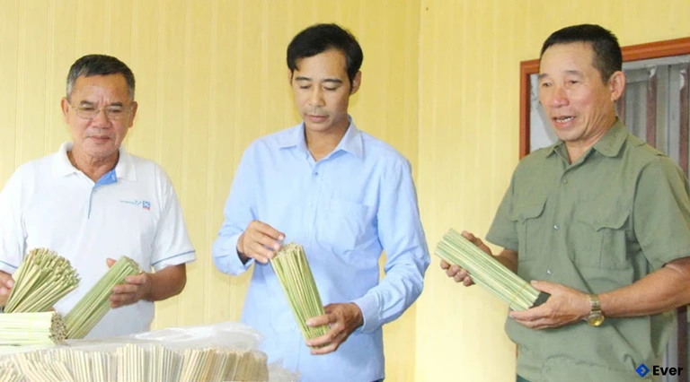 Sản phẩm ống hút cỏ bàng do cơ sở của ông Nguyễn Cao Động sản xuất.