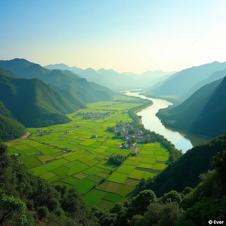 Toàn cảnh thung lũng xanh mướt và dòng sông Gâm hiền hòa tại xã Tân Quang