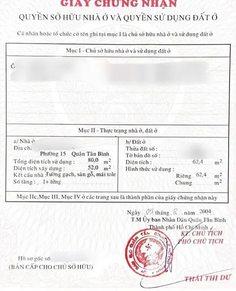 BÁN NHÀ PHƯỜNG 15, TÂN BÌNH – 62.4M² – GIÁ 5,95 TỶ (THƯƠNG LƯỢNG)