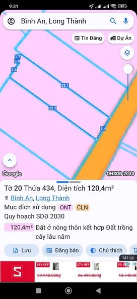 * Long Đức cũ (Bình An). ĐN- Có 03 lô: Ngang 5,4m, 7,2m, 10m- Đất một sẹc đường liên xã Long Đức