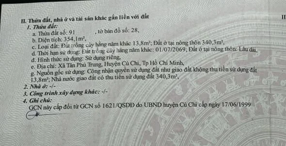Cần Bán Gấp Đất Củ Chi 10 x 35Đường 97 , Ấp Giòng Sao , Xã Củ Chi (Tân Phú Trung)