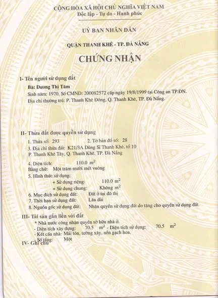 Thân gửi ACE 47 tr Chính chủ chuyển nhượng đất: K21/3A DŨNG SĨ THANH KHÊ, Đà Nẵng. Kiệt 4m, cách