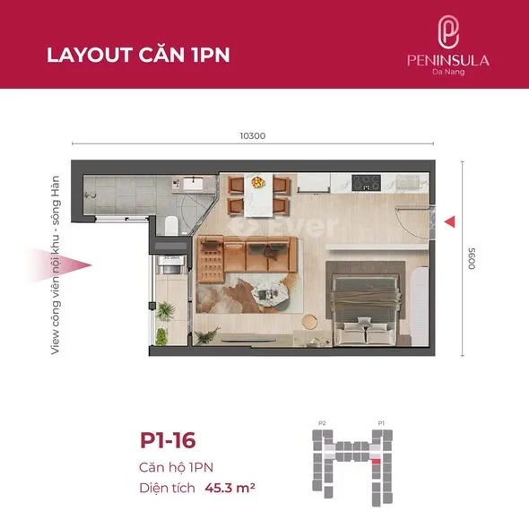 Hot! Căn hộ Peninsula Đà Nẵng - 1PN - 45,3M2 - 3 Tỷ 155 - view sông Hàn, công viên, nội khu - tầng 2