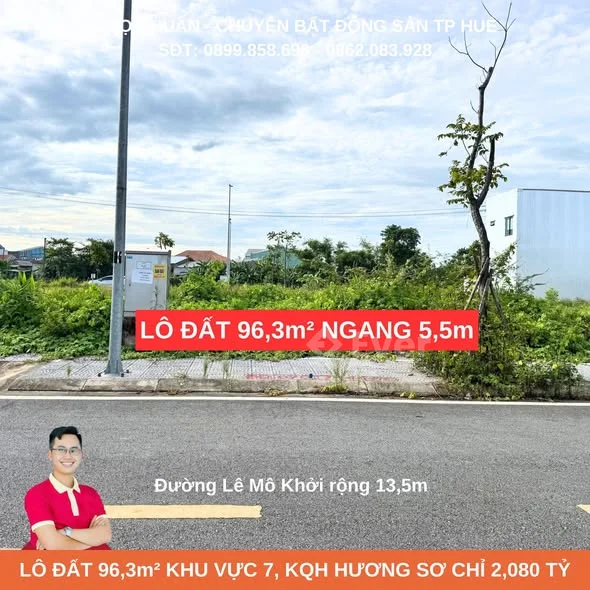 BÁN LÔ ĐẤT 96,3m² NGANG 5,5m TẠI ĐƯỜNG LÊ MÔ KHỞI, KHU VỰC 7, KQH HƯƠNG SƠ CHỈ 2,080 TỶ