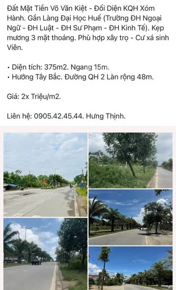 Mặt Tiền Võ Văn Kiệt - Đối Diện KQH Xóm Hành. Gần Làng Đại Học Huế (Trường ĐH Ngoại Ngữ - ĐH Luật -