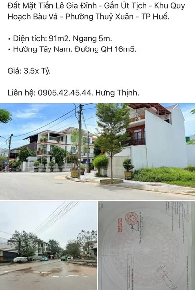 Đất Mặt Tiền Lê Gia Đỉnh - Gần Út Tịch - Khu Quy Hoạch Bàu Vá - Phường Thuỷ Xuân - TP Huế.