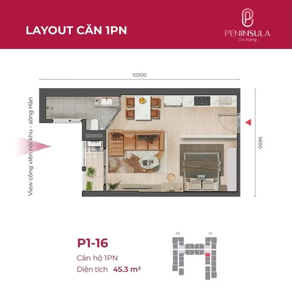 Căn hộ Peninsula Đà Nẵng - 1PN - 45,3M2 - 3 Tỷ 125 - view sông Hàn, công viên, nội khu - Tầng 27