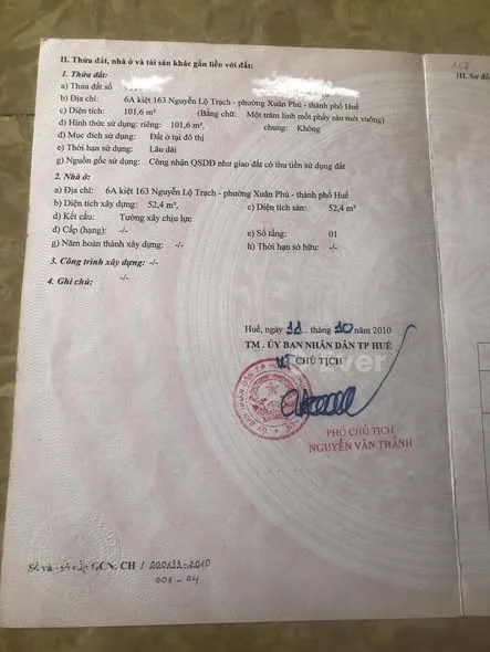 Bán đất 2 mặt tiền kiệt 163 Nguyễn Lộ Trạch - Phường Vĩ Dạ-TP Huế - Diện tích :102 m