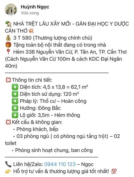 NHÀ TRỆT LẦU XÂY MỚI - GẦN ĐẠI HỌC Y DƯỢC CẦN THƠ 3 T 580