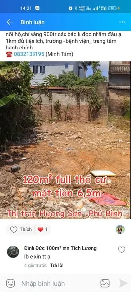 Bán cắt lỗ lô đất đẹp tại thị trấn Hương Sơn huyện Phú Bình.Lô đất 120m² full thổ cư