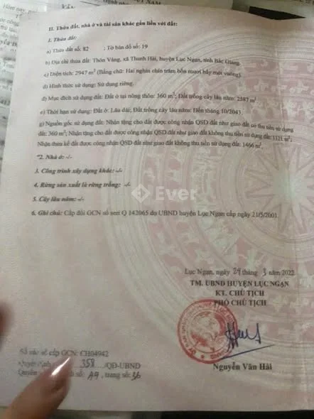 Ban mảnh vườn tại tổ dân phố vàng - phường chũ-bac ninh Dien tích 2947m2 co 360m2 thổ cư