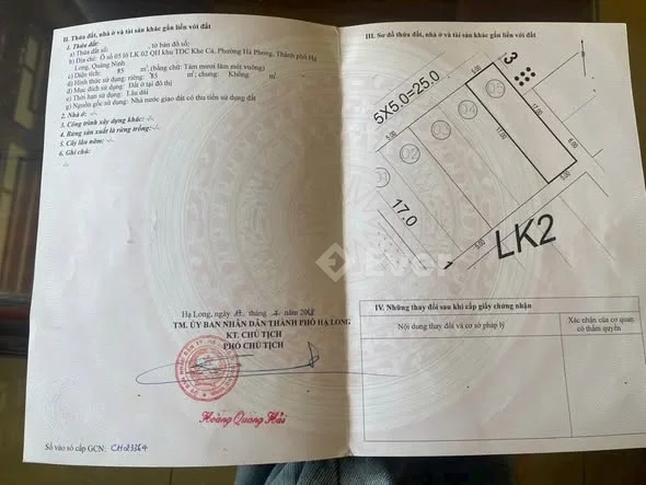 Cần bán lô đất Khe Cá Hà Tu Hạ Long - QN- Mã lô LK2-05 85 m2 mặt tiền 5 mét