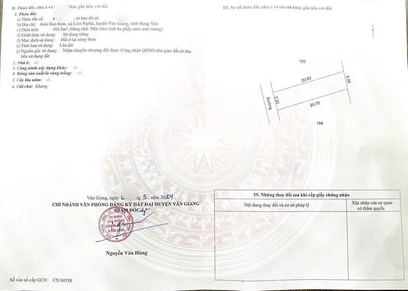 Chính chủ gửi bán 103.5m2 đất ở nông thôn tại Đan Kim - Văn Giang Hưng Yên giá quanh 40tr/m2