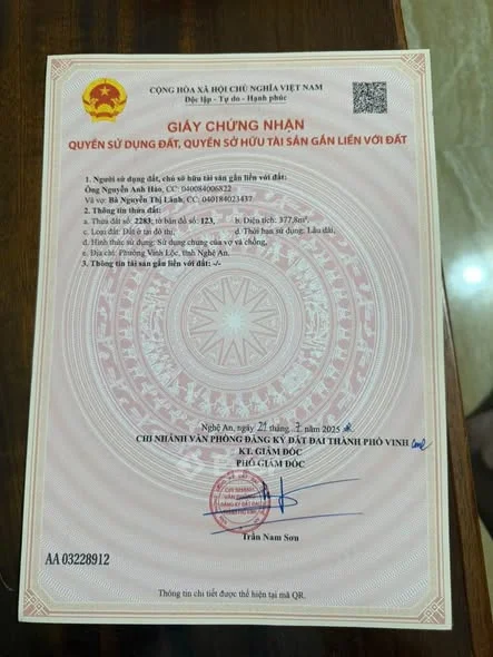 Bán lô đất Vinh Lộc (Nghi Thái cũ) , Tp Vinh Diện tích: 377,8 m2 ( 9,65 * 23,65)