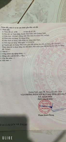 Bán đất vườn 230m² tại Tịnh Hiệp, Sơn Tịnh, Quảng Ngãi