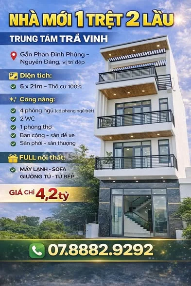 BÁN NHÀ MỚI 1 TRỆT 2 LẦU – TRUNG TÂM TRÀ VINH . Gần Phan Đình Phùng – Nguyễn Đáng