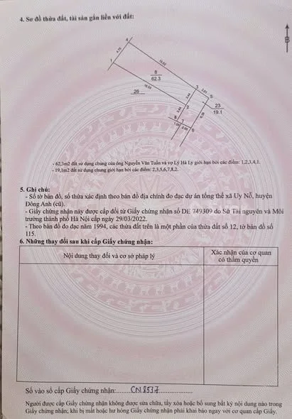 ĐẤT NỞ HẬU XÓM BÃI,UY NỖ,ĐÔNG ANHGIÁ TỐT CHỈ NHỈNH 3TYDT 63.2m² – MT 3.44m, hậu 4.75m