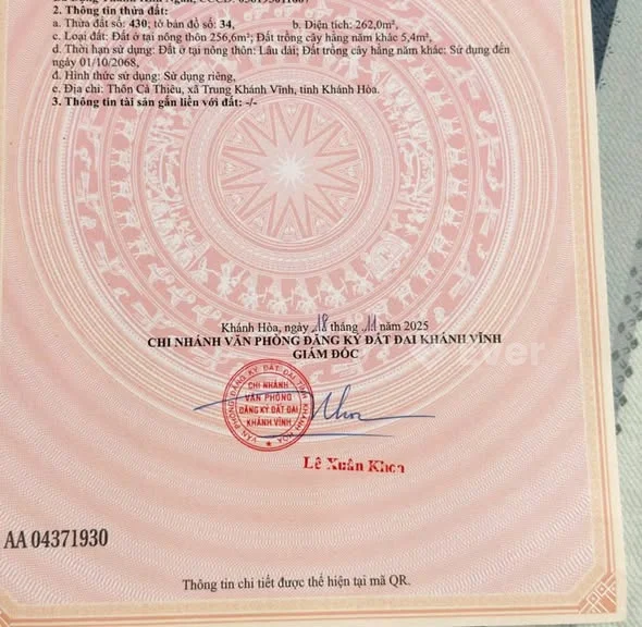 Khánh Hiệp-Khánh vĩnh Dt 262m Full thổ cư ,ngay khu dân cư,Đường bt rộng 6m-8mHạ Giá chỉ 269tr