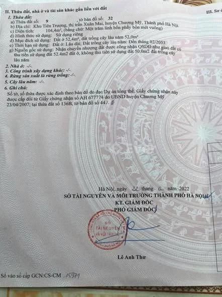 Cần bán:104m2 khu tiên trượng, xuân mai HnVị trí cách QL412b 100m, cách QL6a 150m