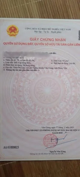 Vị trí tại Phi Liệt- Liên Nghĩa - Văn Giang - Hưng YênDiện tích 67.2m2 đất ở tại nông thôn
